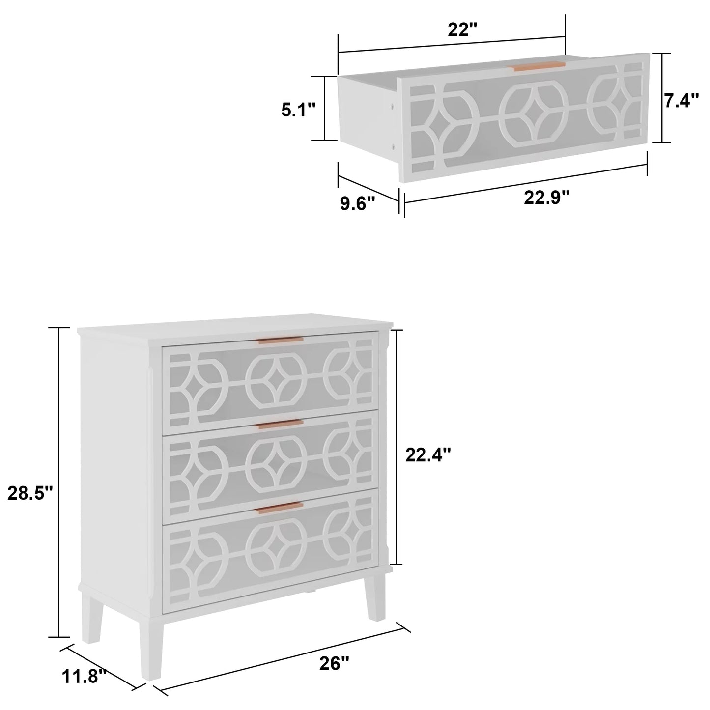 Decorative Mirrored End Table with 3 Drawer, White Accent Storage Cabinet for Living Room