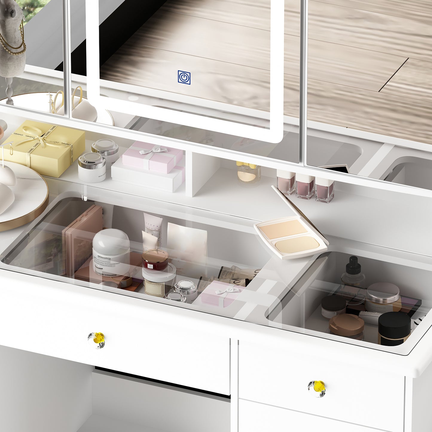 WIAWG Modern Adult Vanity Table Set with Glass Top&Mirror, LED Lights and 9 Drawers,White