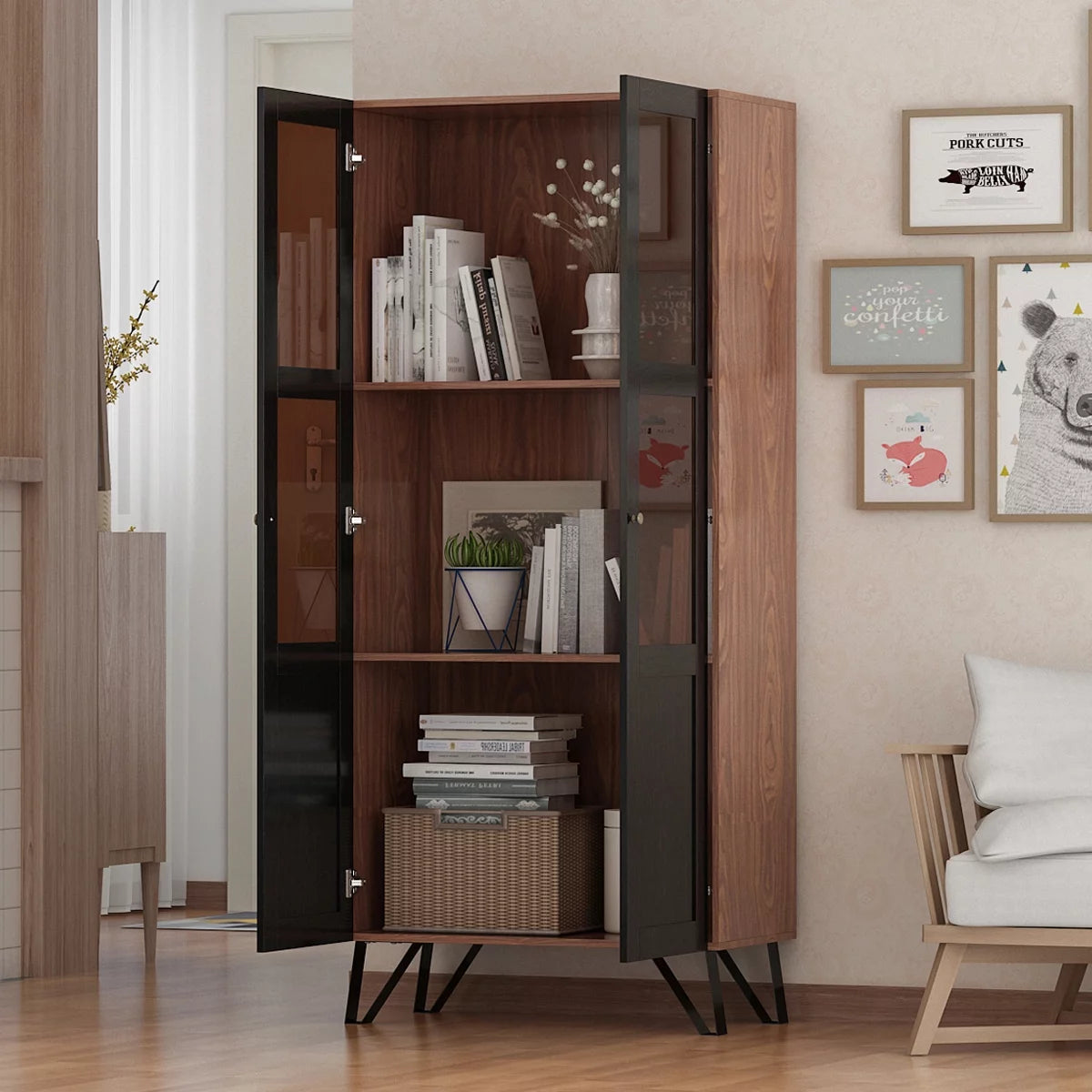 Homsee 3 Tier Bookcase Storage Cabinet with Glass Door, Display Utility Tall Cabinet with Metal Legs for Living Room, Walnut & Black