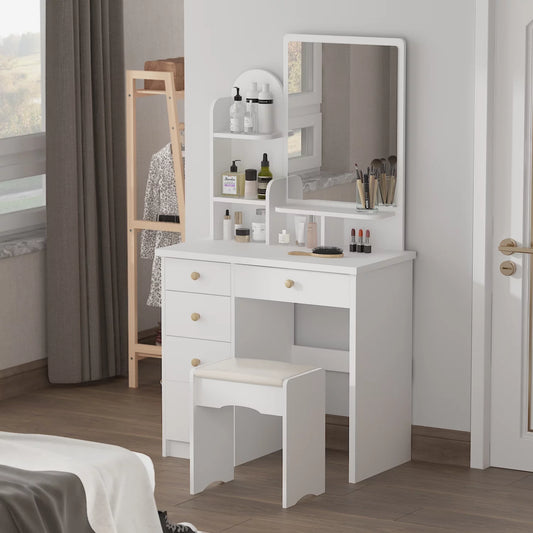 Vanity Set with Mirror Modern Storage Makeup Dressing Table with 5 Drawers White