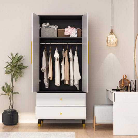WIAWG 2 Door Wardrobe Storage Cabinet, 71" H Wooden Armoire with Drawers and Hanging Rod for Bedroom, Gray