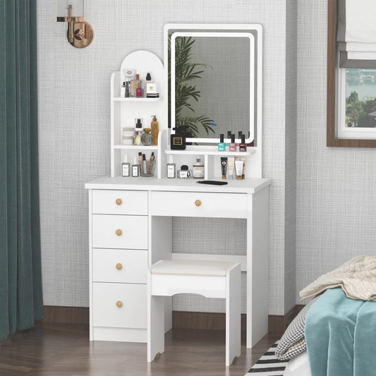 Vanity Set with Mirror and Lights Modern Storage Makeup Dressing Table with 5 Drawers White