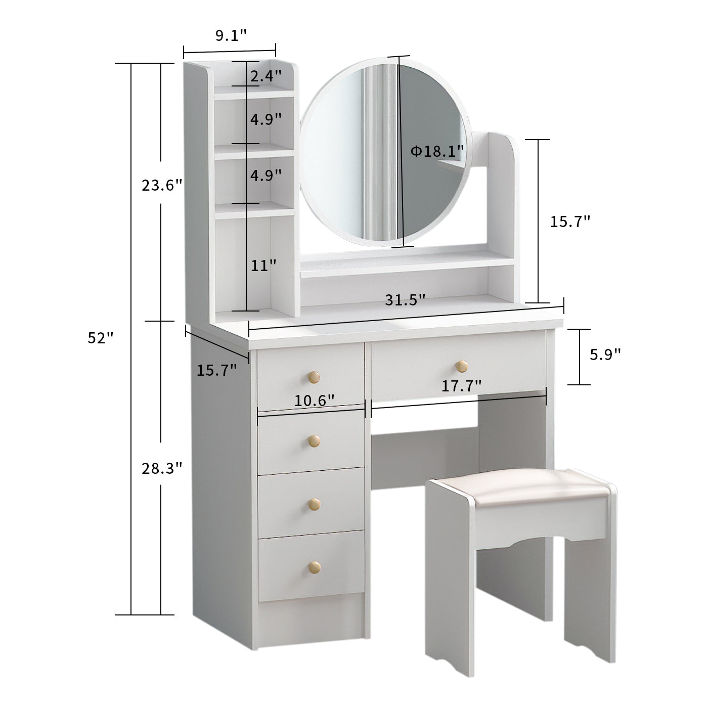 Multifunctional Computer Armoire Hutches, Vanity Set Makeup Dressing Table with Mirror and 5 Drawers for Bedroom, White