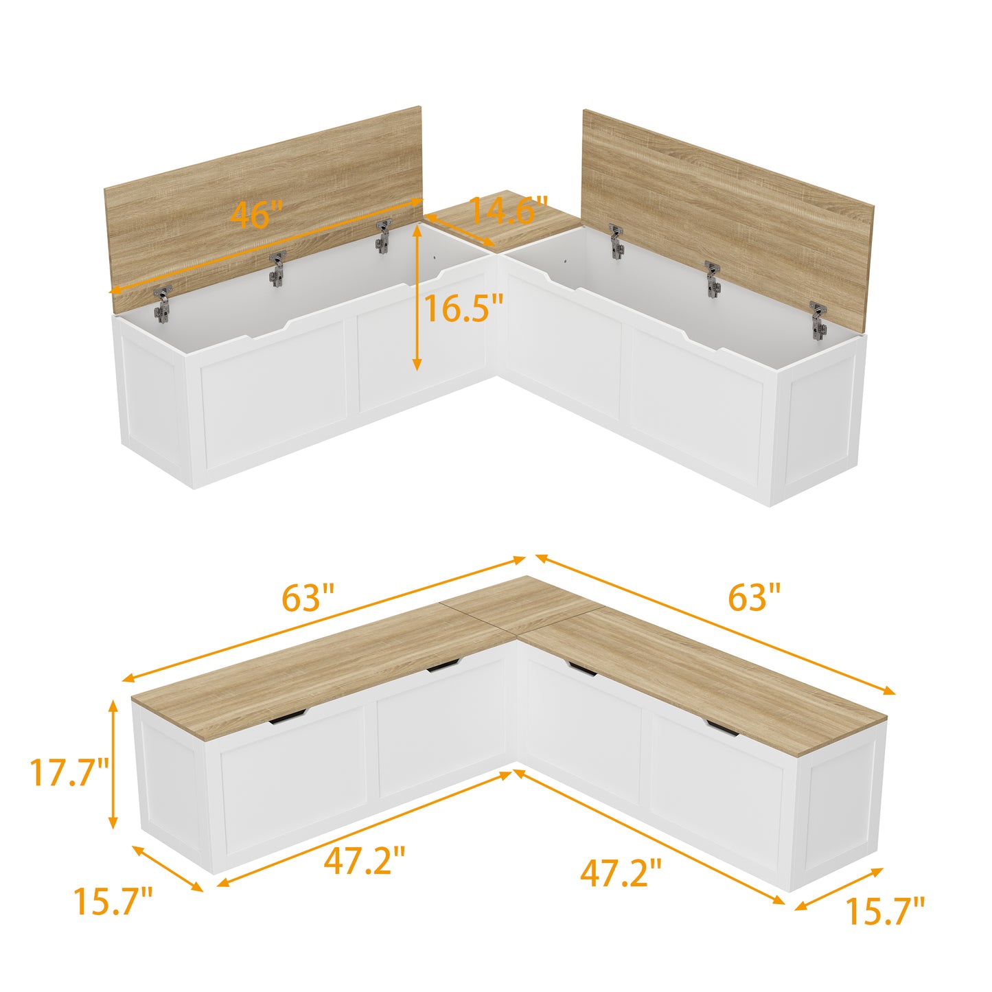 WIAWG Casual Wood Corner Dining Breakfast, L Shape Kitchen Corner Nook Bench Seating with Hidden Storage, White and Oak, 63”D x 63”W x 17.7”H
