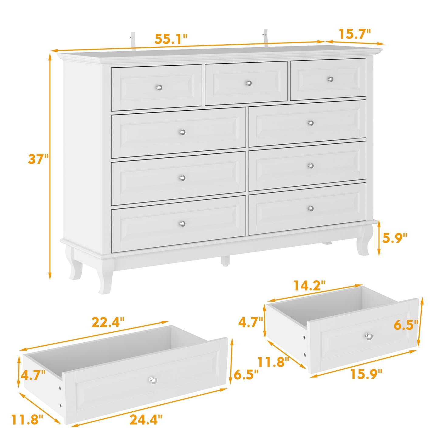WIawg 9 Drawer Dresser with Carved Drawer Fronts & Solid Legs, 55.1" L White Modern Wood Storage Chest of Drawers for Bedroom, Living Room & Fitting Room