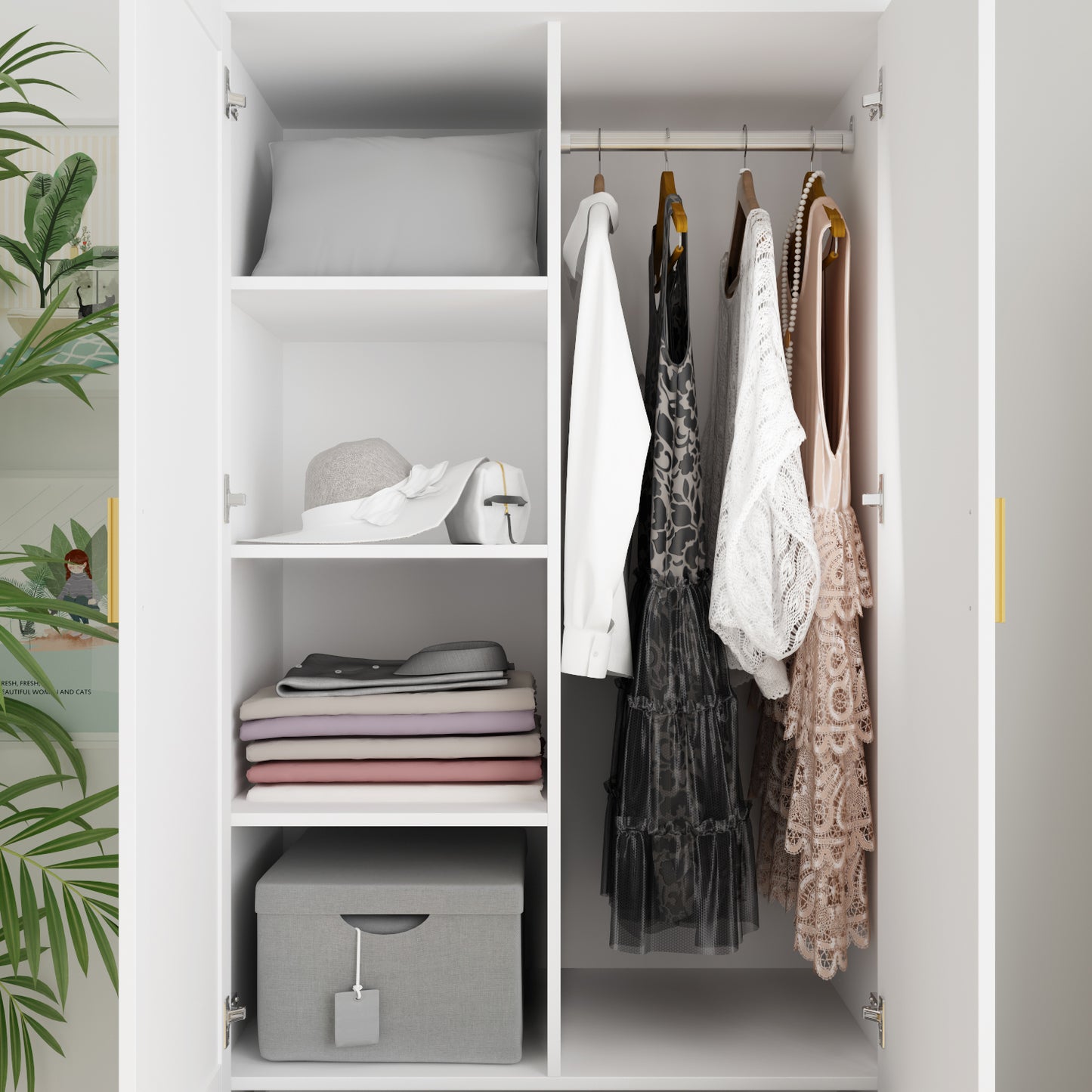 WIAWG 2-Door Armoire Wardrobe with 2 Drawers, Clothing Rod and Mirror in White