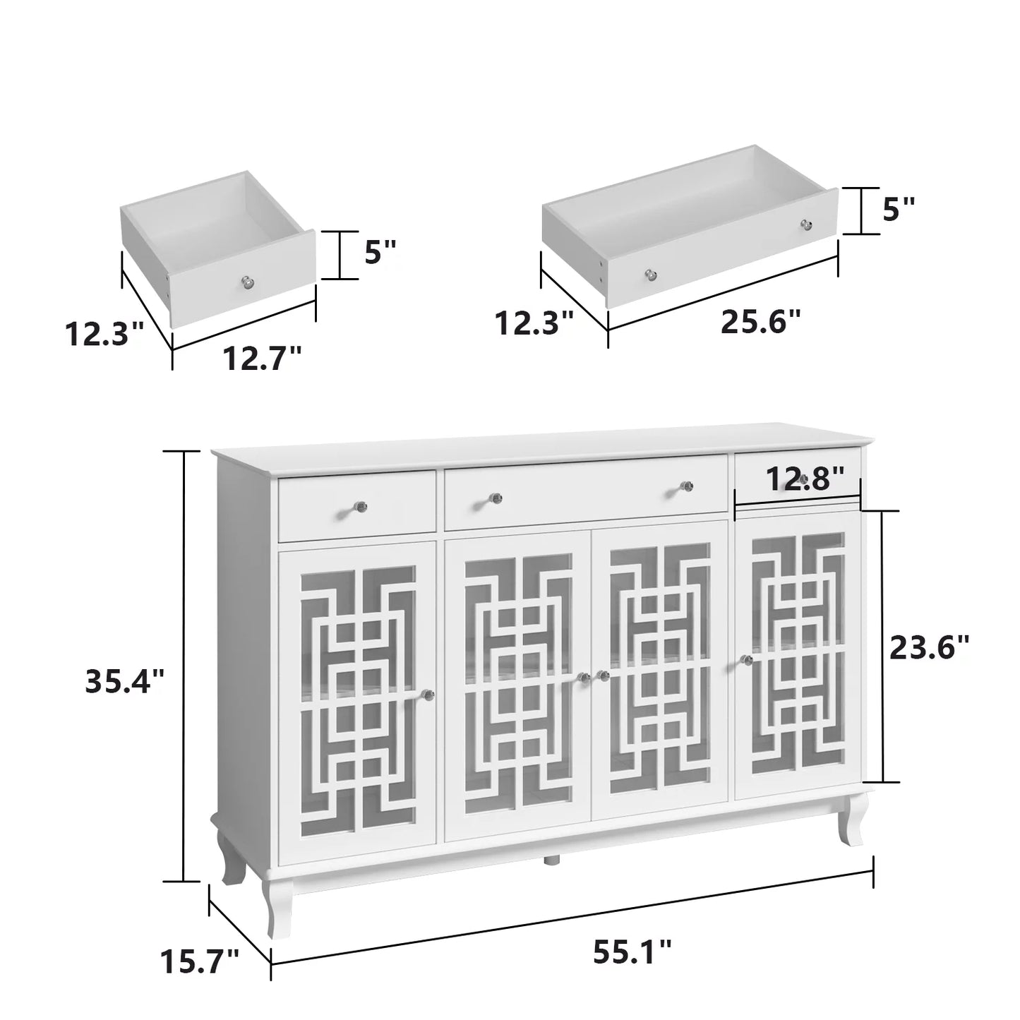 WIAWG Sideboard Buffet with Glass Door and Adjustable Shelf, 4-Door Accent Storage Cabinet with 3 Drawers for Entryway Living Room White 55.1"