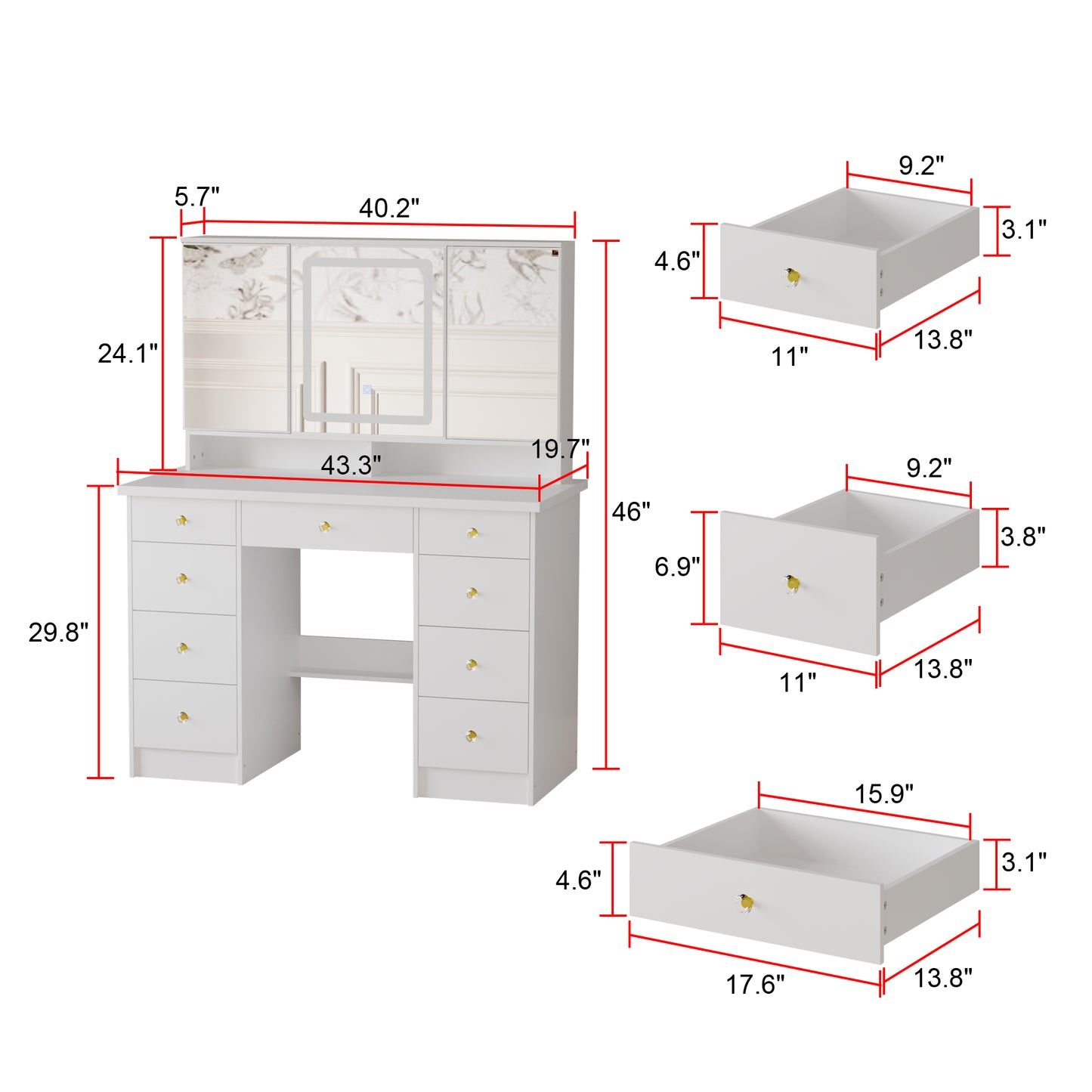 Modern Makeup Vanity Desk with Lighted Mirror, 3-Mirror Dressing Table With 9 Drawers for Bedroom