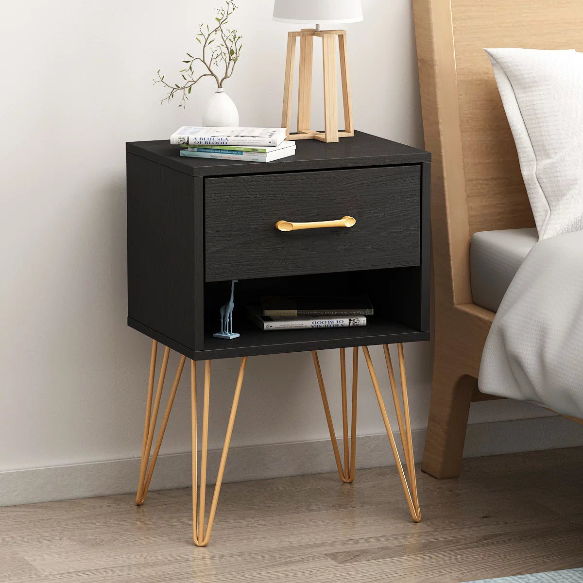 WIAWG Metal Frame Nightstand with Drawer, Modern End Table Set of 2 for Bedroom, Black