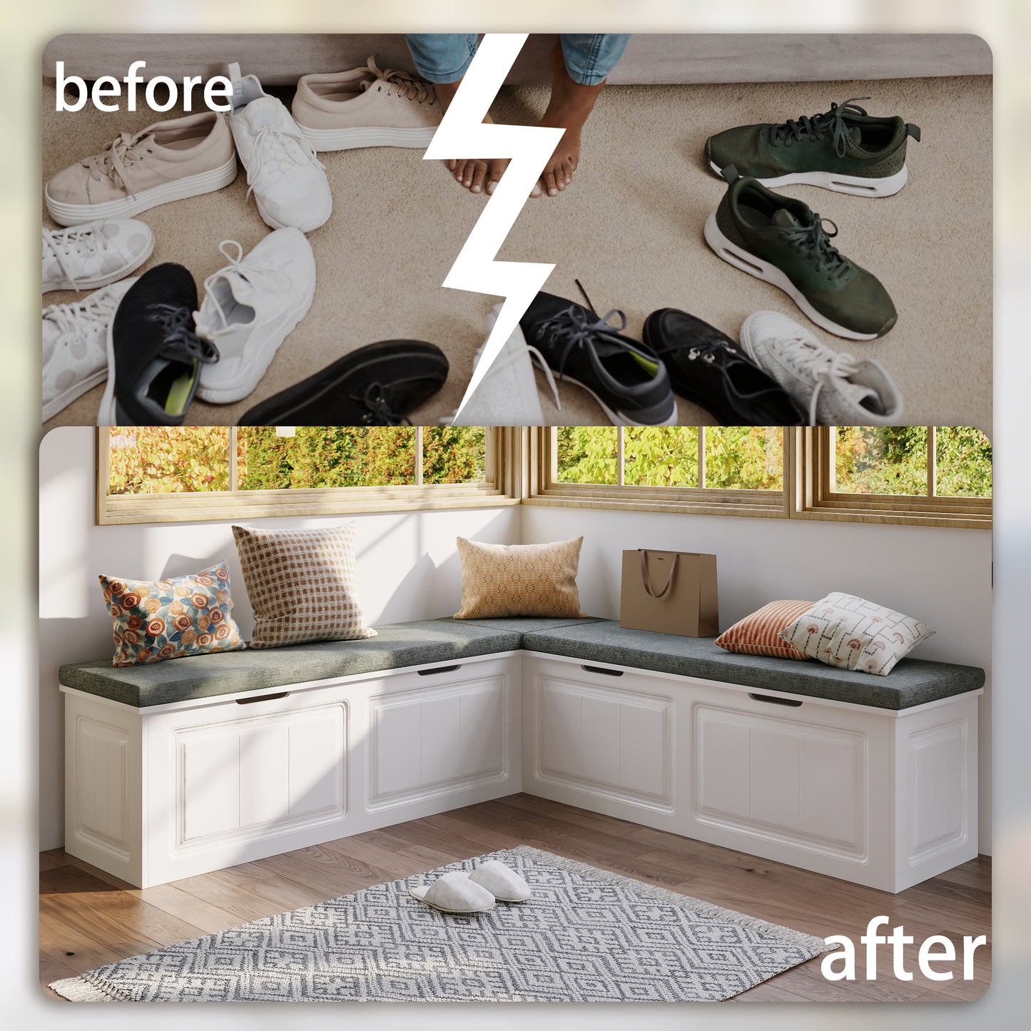 WIAWG L Shape Backless Corner Nook with Storage,Kitchen Breakfast Nook Bench,Shoe Benches for Entryway Cloakroom, White&Grey, 63”D x 63”W x 18.3”H