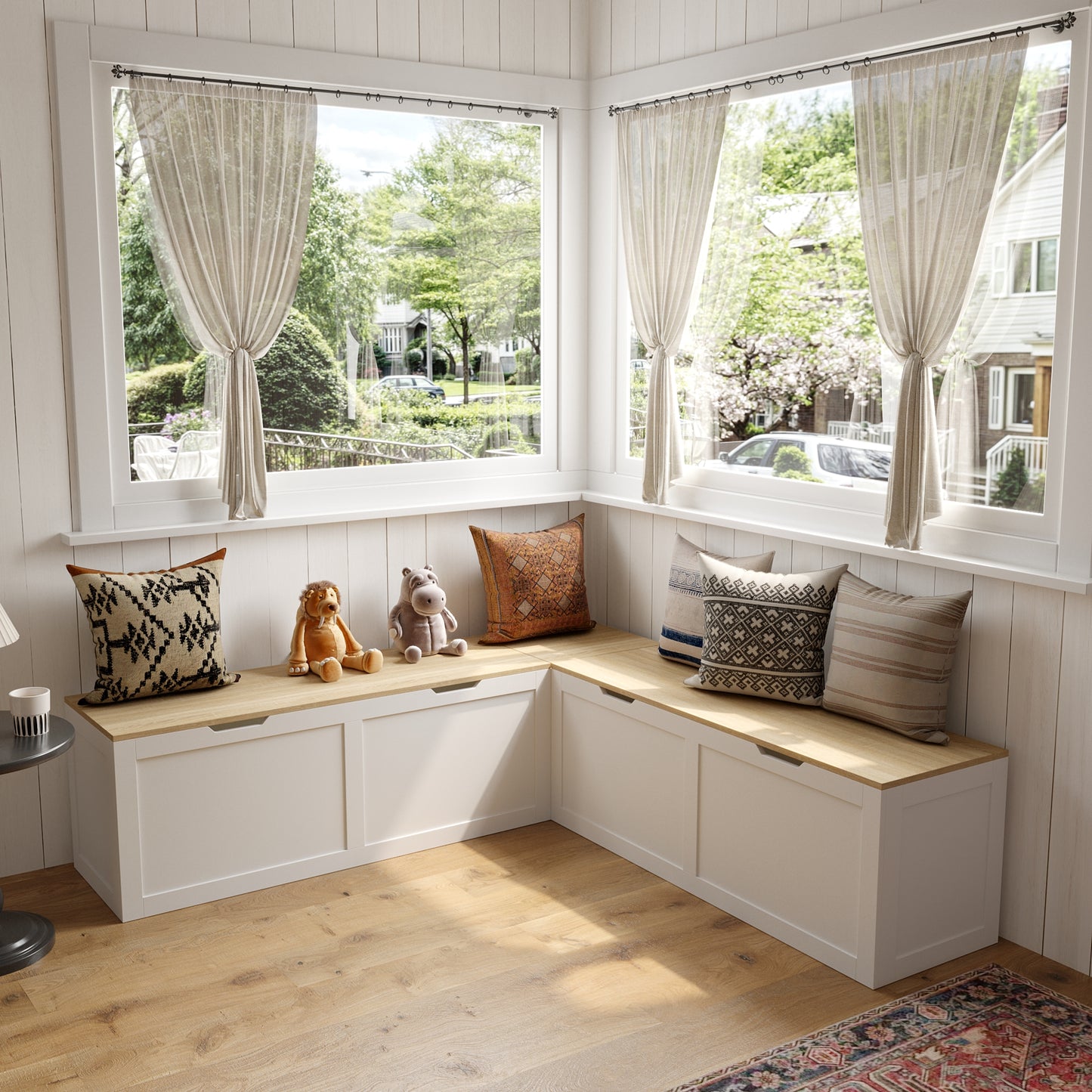 WIAWG Casual Wood Corner Dining Breakfast, L Shape Kitchen Corner Nook Bench Seating with Hidden Storage, White and Oak, 63”D x 63”W x 17.7”H