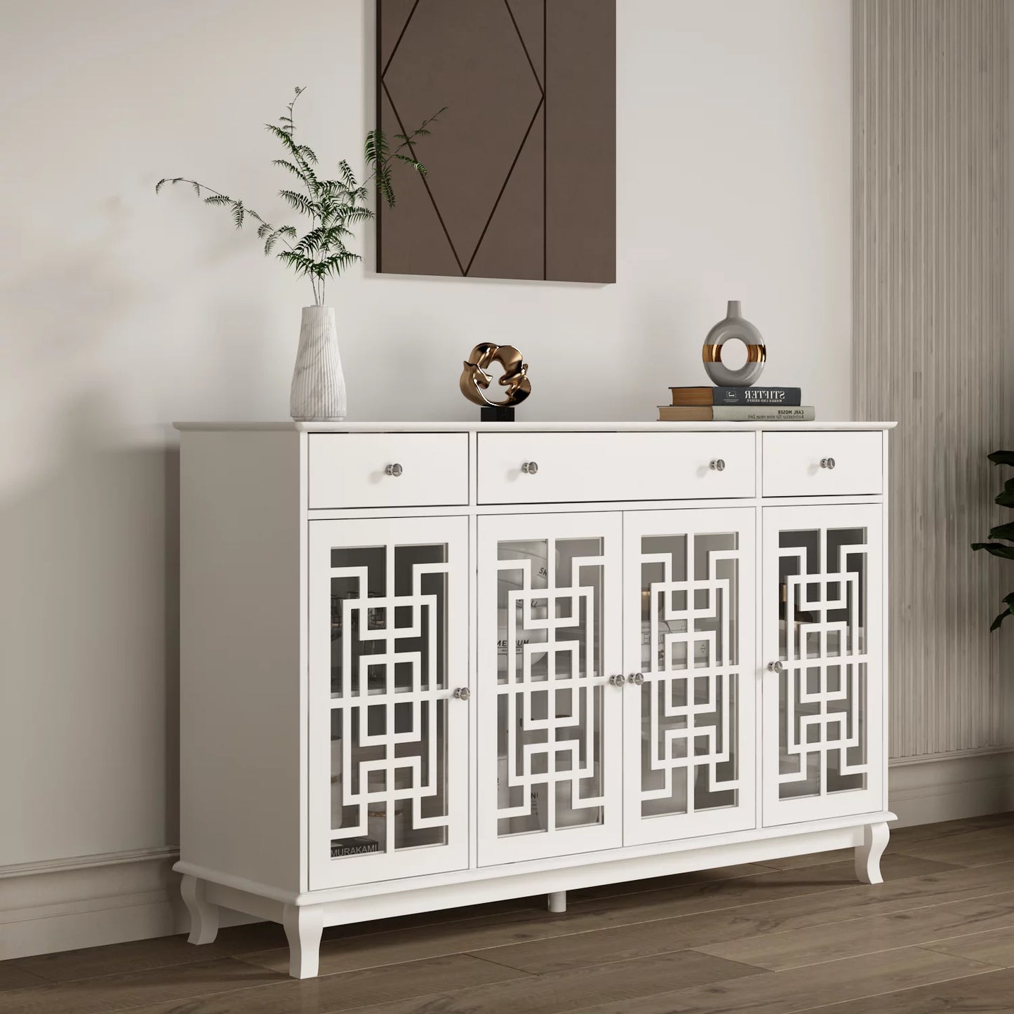 WIAWG Sideboard Buffet with Glass Door and Adjustable Shelf, 4-Door Accent Storage Cabinet with 3 Drawers for Entryway Living Room White 55.1"
