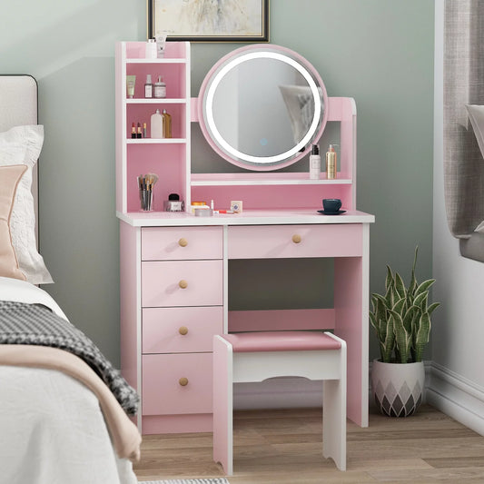 Vanity Set with Mirror and Lights Modern Storage Makeup Dressing Table with 5 Drawers Pink