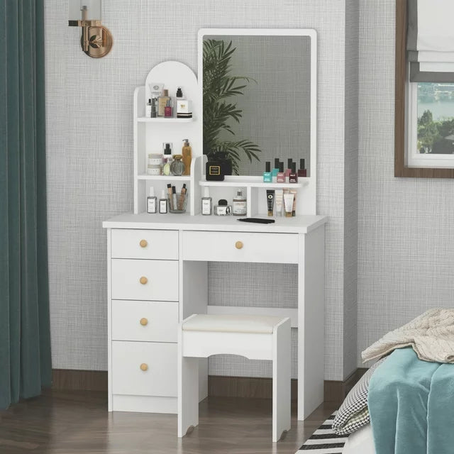 Vanity Set with Mirror Modern Storage Makeup Dressing Table with 5 Drawers White