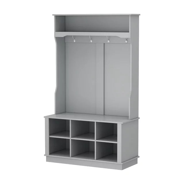 WIAWG Hall Tree with Storage Bench, 3-in-1 Entryway Coat Rack with 4 Hooks, Coat Hanger, Storage Cube for Entrance Hallway, Gray