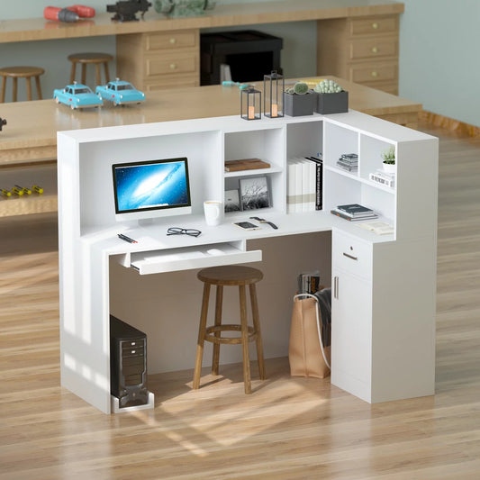Office/Salon L Shaped Front Desk Reception Desk with Drawer White 55.9"
