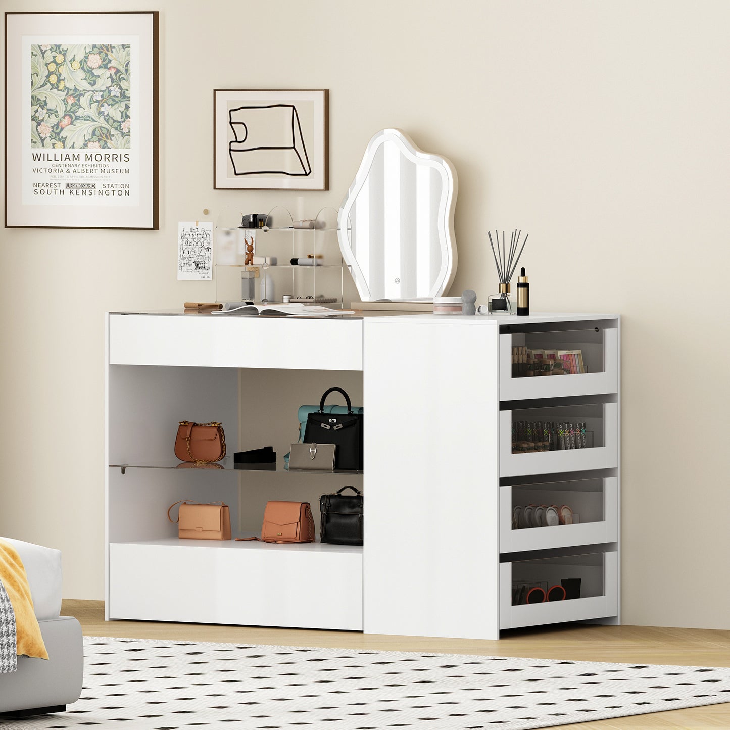 Wiawg Glass Display Cabinet Closet Island,Storage Cabinet for Retail, Collectibles Showcase with 8 Drawers, Walk in Display Island for Retail Shop, Cloakroom, White