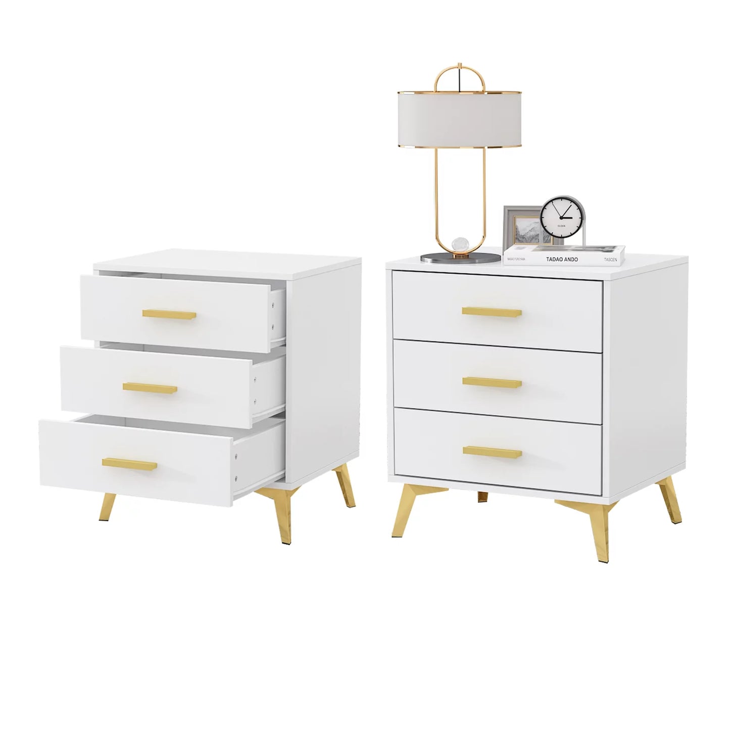 WIAWG Modern Nightstand Set of 2 for Bedroom Side Table with 3 Drawers White-Gold