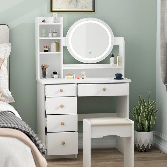 Vanity Set with Mirror and Lights Modern Storage Makeup Dressing Table with 5 Drawers White