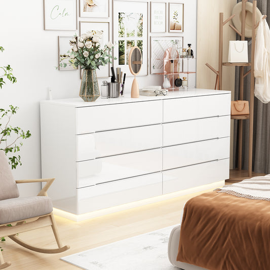 WIAWG High Gloss Dresser with Lights, Modern Glossy 8 Drawer Dresser with Curved Edge for Bedroom White