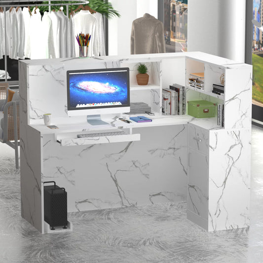 WIAWG 55.9" Reception Desk for Office/Salon Wooden L Shaped Reception Station with Drawer Marble White