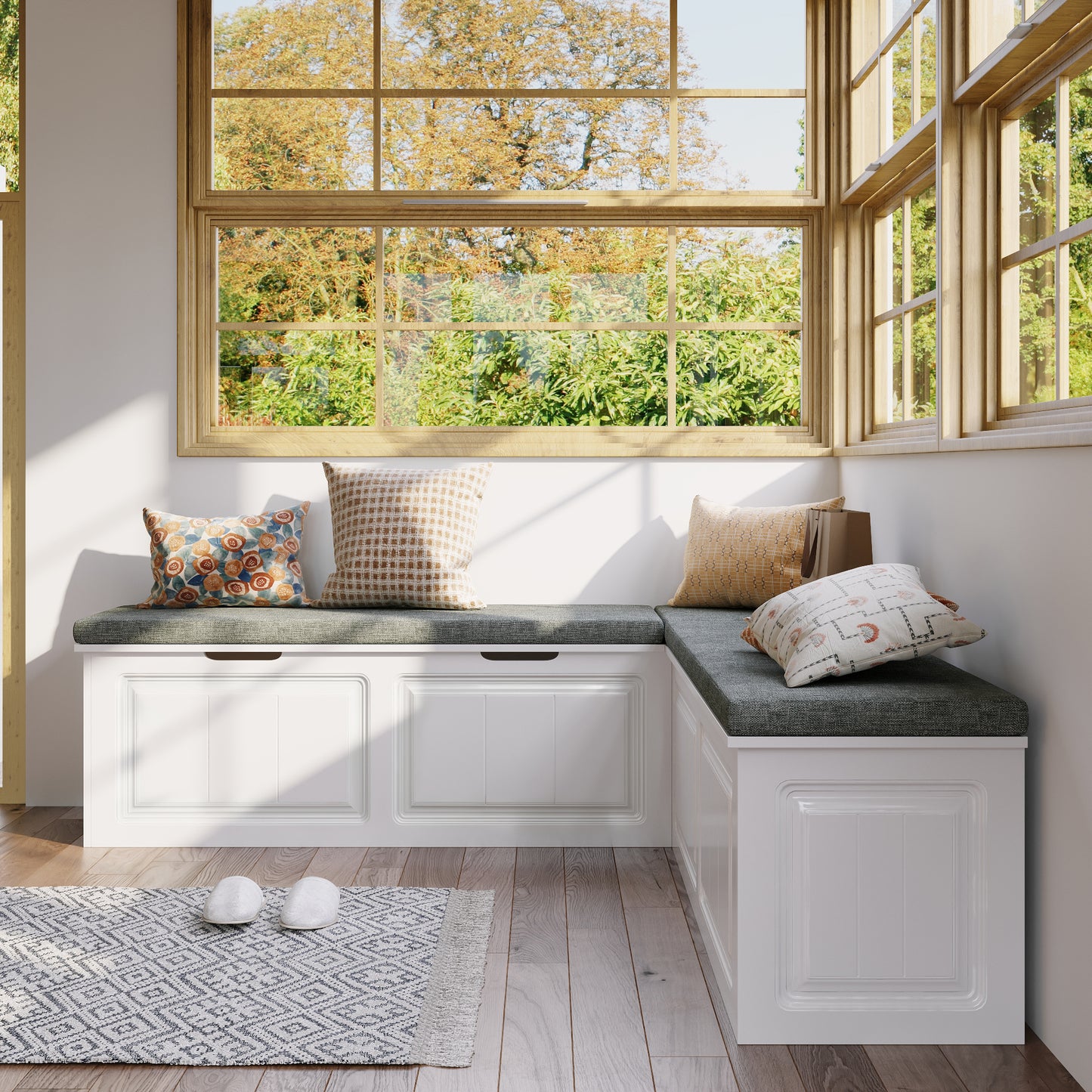 WIAWG L Shape Backless Corner Nook with Storage,Kitchen Breakfast Nook Bench,Shoe Benches for Entryway Cloakroom, White&Grey, 63”D x 63”W x 18.3”H