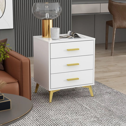 WIAWG Modern Nightstand for Bedroom Side Table with 3 Drawers White-Gold