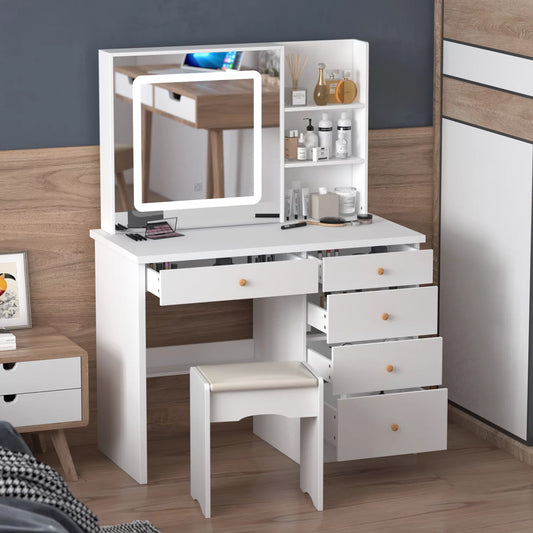 Vanity Set with Mirror Modern Storage Makeup Dressing Table with 5 Drawers White