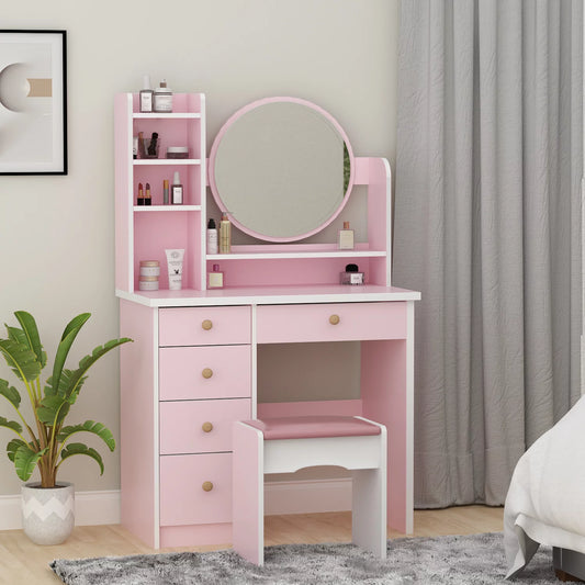 Vanity Set with Mirror Modern Storage Makeup Dressing Table with 5 Drawers Pink