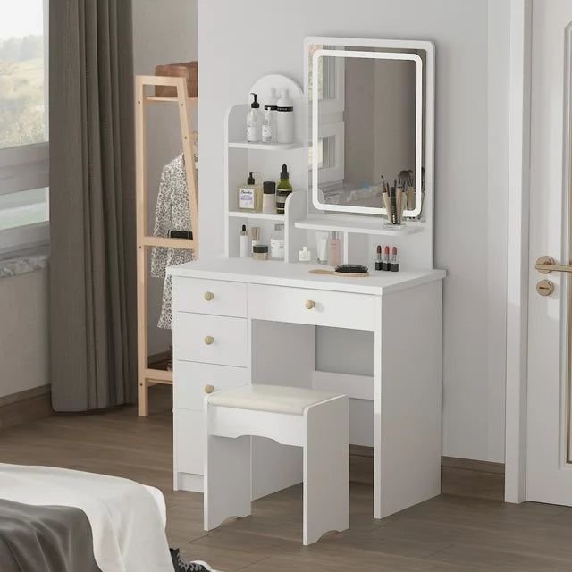 Vanity Set with Mirror and Lights Modern Storage Makeup Dressing Table with 5 Drawers White