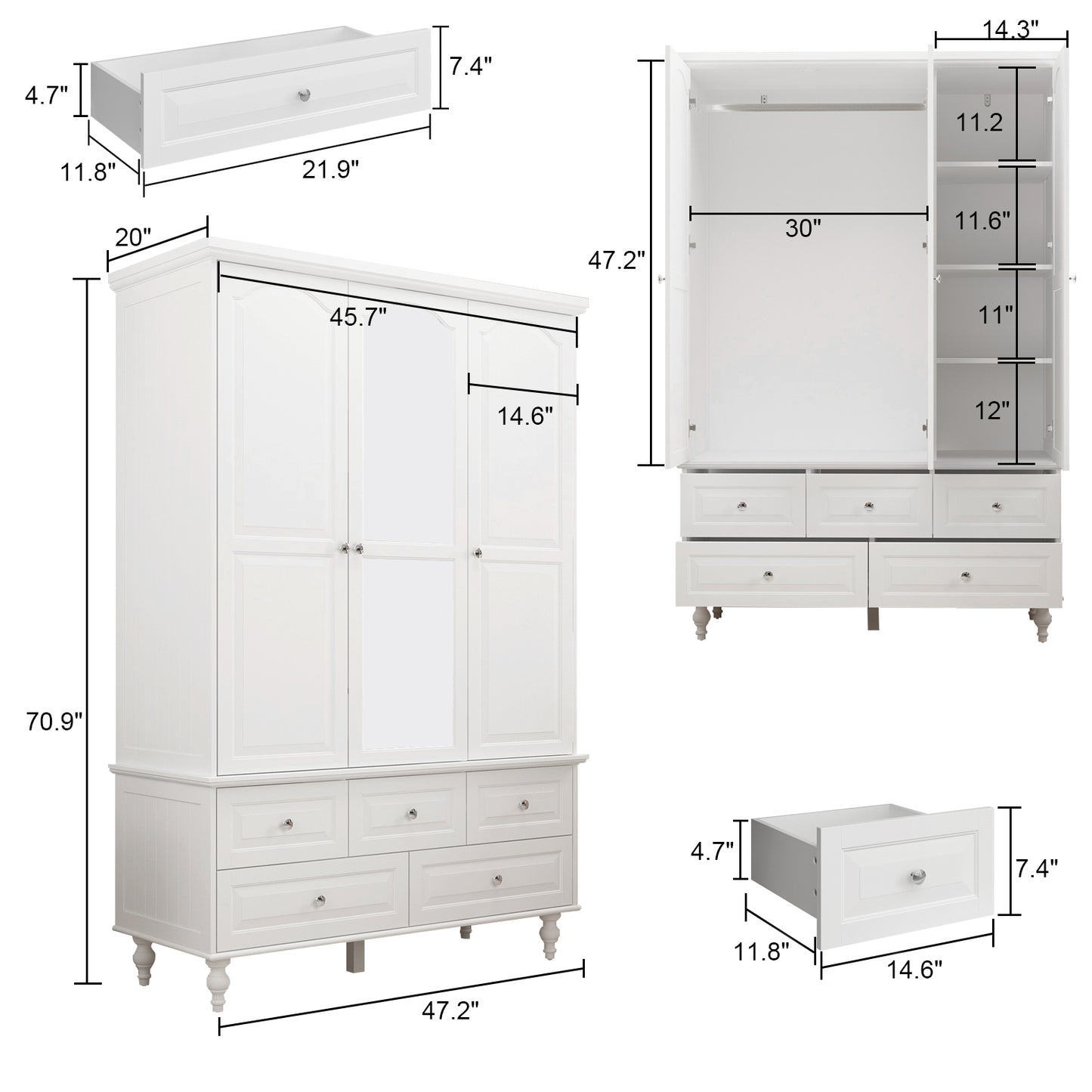 WIAWG 3-Door Wardrobe Armoire Closet with 5 Drawers and Hanging Rod plus Mirror, White