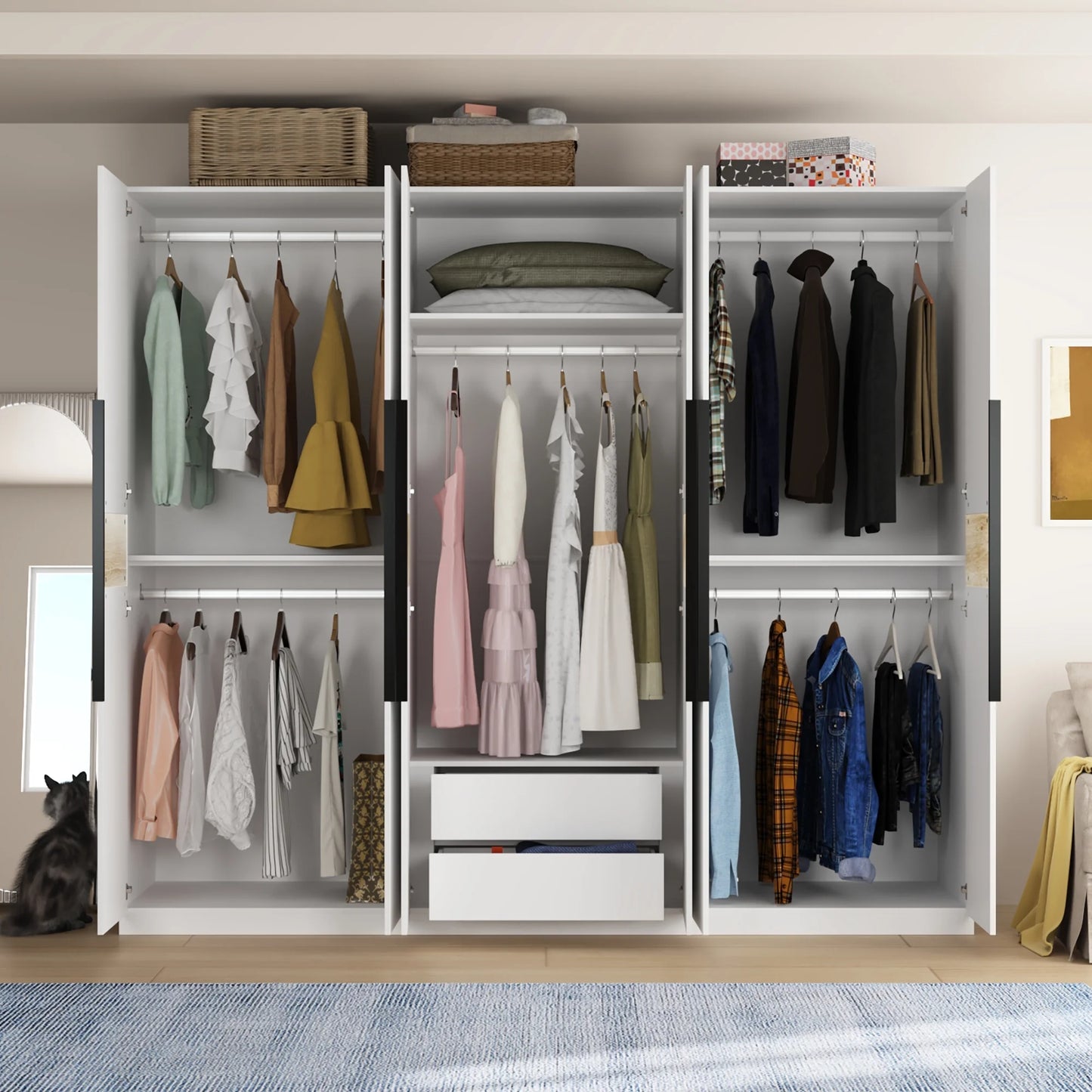 WIAWG Large Wardrobe Cabinet, 6-Door Armoire with 5 Hanging Rod and 2 Drawers for Bedroom Closet, White, 23.6"D x94.4"W x 82.7"H