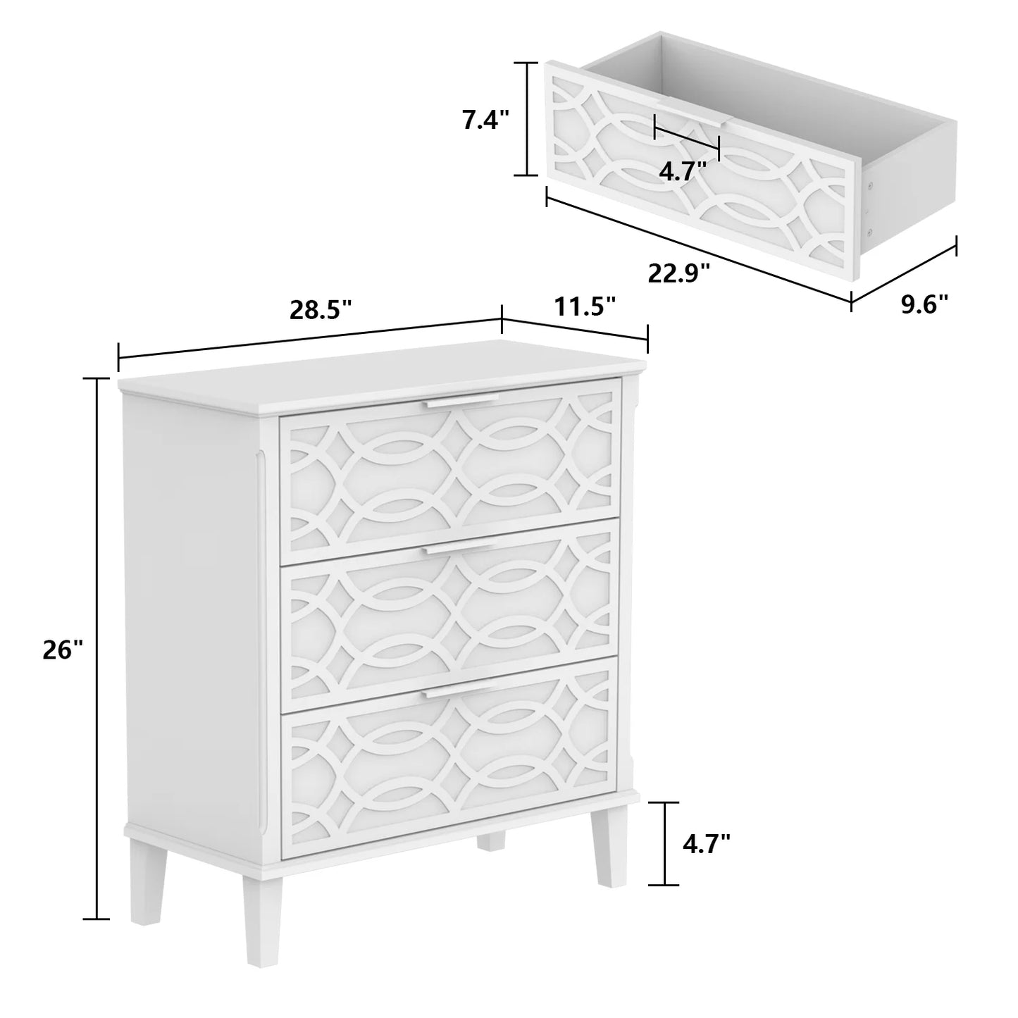 Mirrored Nightstand with 3 Draers for Bedroom, Decorative End Table Accent Storage Cabinet for Living Room, White