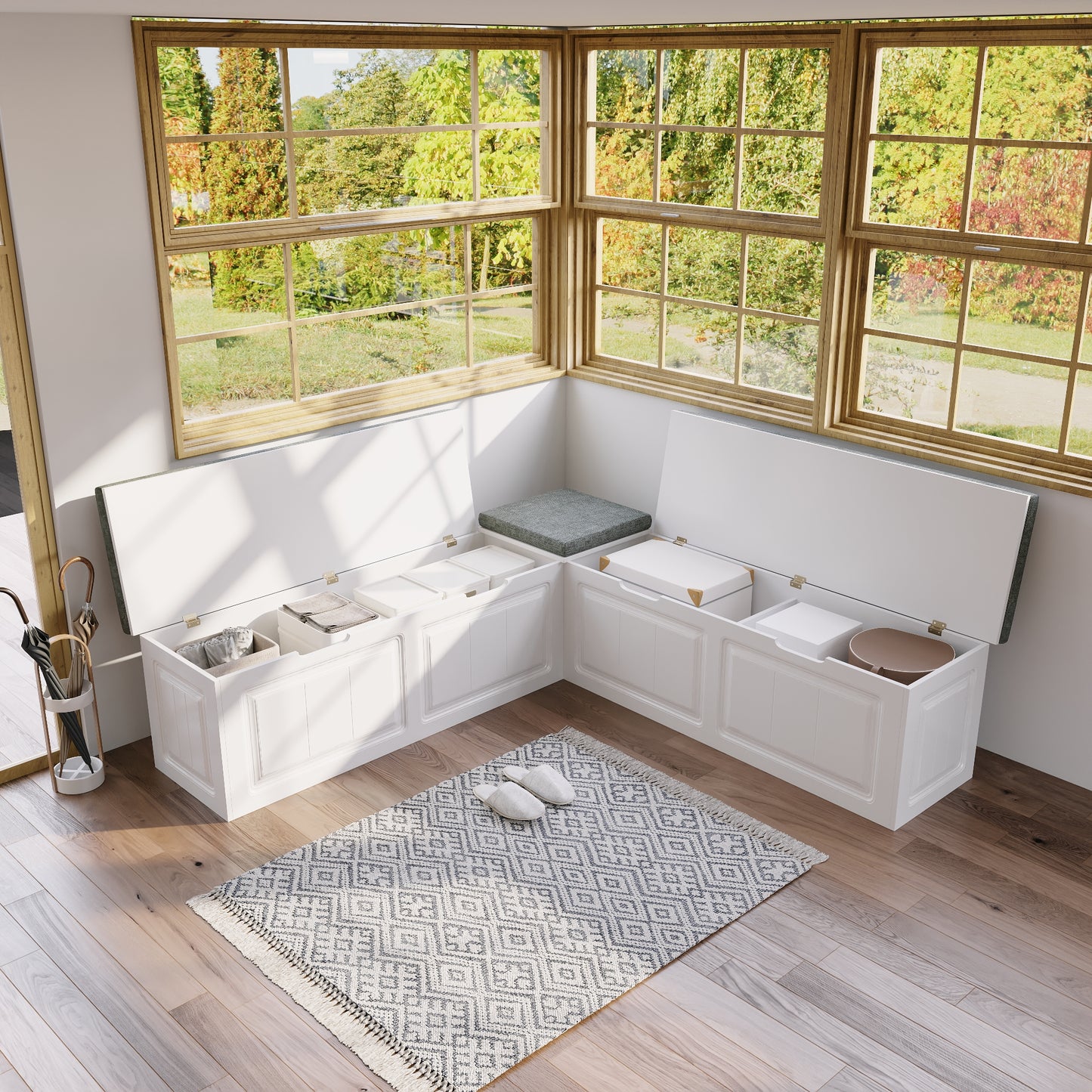 WIAWG L Shape Backless Corner Nook with Storage,Kitchen Breakfast Nook Bench,Shoe Benches for Entryway Cloakroom, White&Grey, 63”D x 63”W x 18.3”H