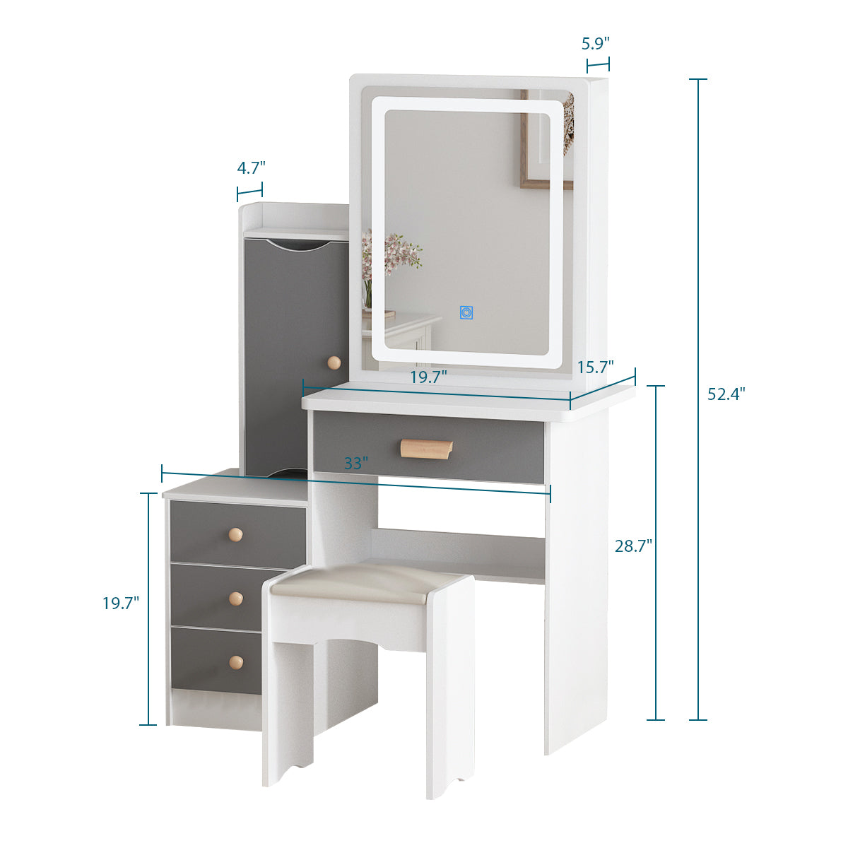 Vanity Set with Mirror and Lights Modern Storage Makeup Dressing Table with 5 Drawers Gray