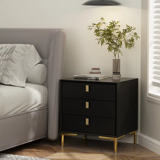 WIAWG Modern Nightstand for Bedroom, Bedside Table with 3 Drawers, Black