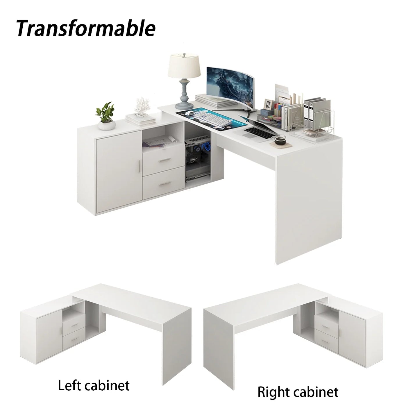 WIAWG L-Shaped Office Desk, 55-inch Writing Desk with Drawer and File Cabinet White
