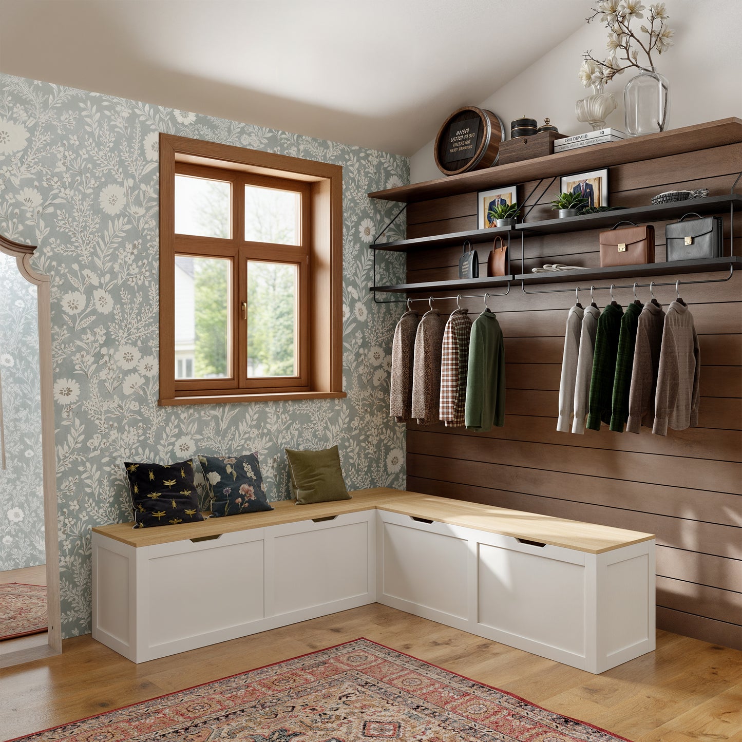 WIAWG Casual Wood Corner Dining Breakfast, L Shape Kitchen Corner Nook Bench Seating with Hidden Storage, White and Oak, 63”D x 63”W x 17.7”H