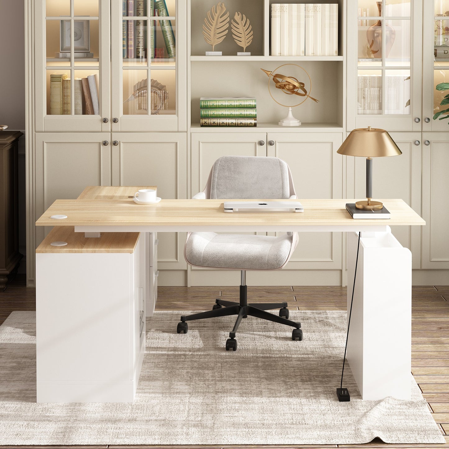 Wiawg 63" Electric Height Adjustable Standing Desk, , L Shaped Home Office Table,Oak&White