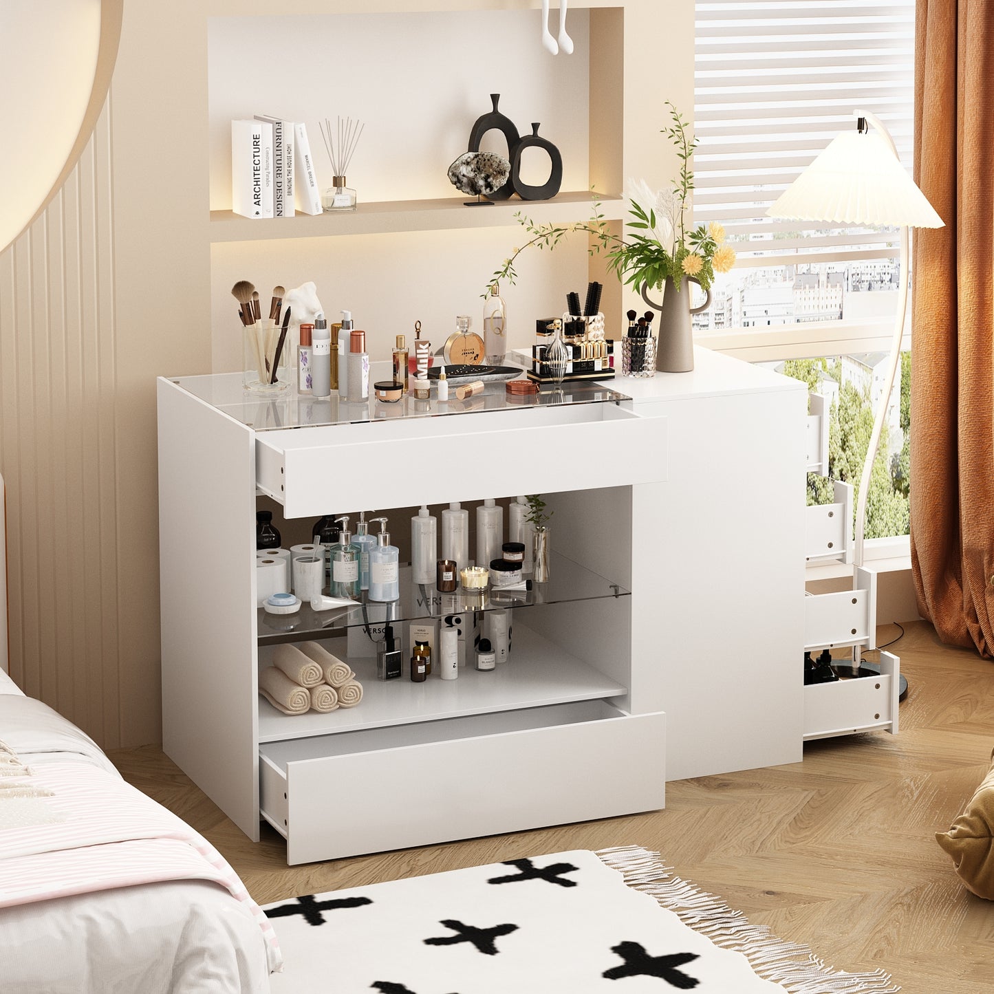 Wiawg Glass Display Cabinet Closet Island,Storage Cabinet for Retail, Collectibles Showcase with 8 Drawers, Walk in Display Island for Retail Shop, Cloakroom, White