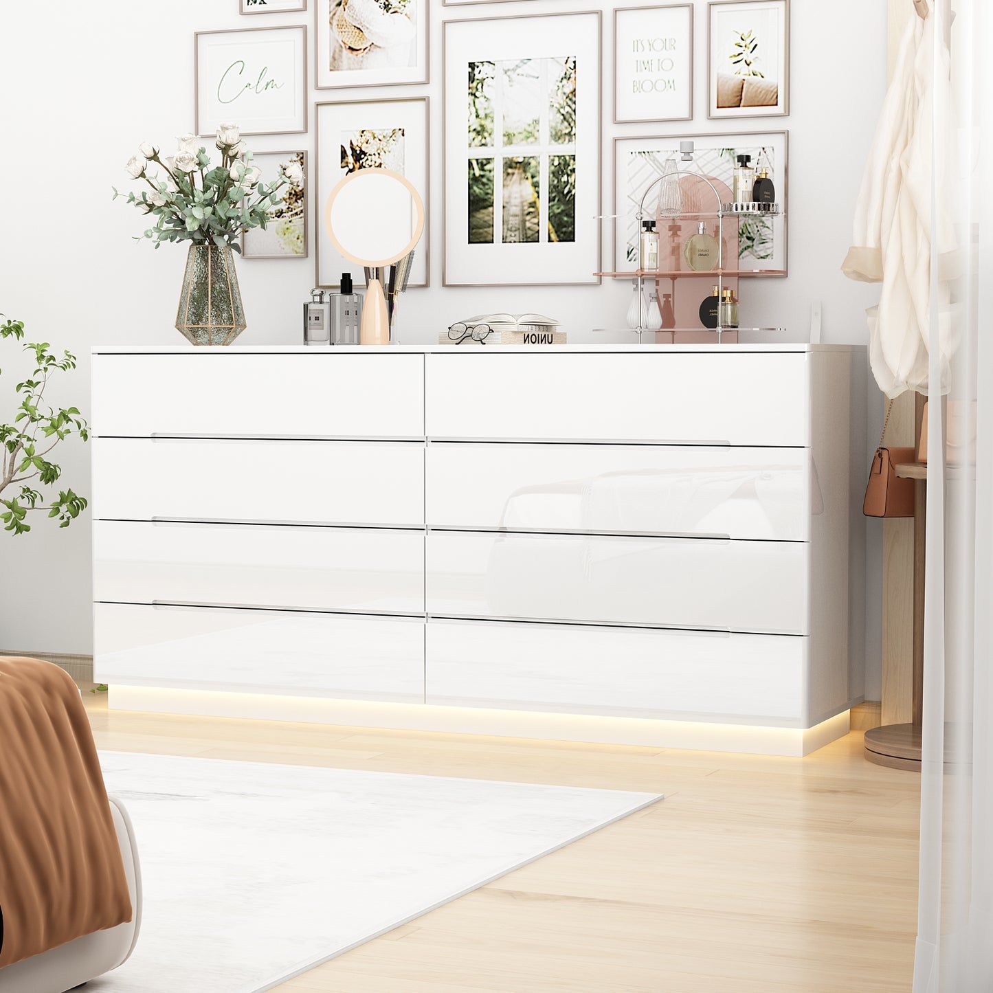 WIAWG High Gloss Dresser with Lights, Modern Glossy 8 Drawer Dresser with Curved Edge for Bedroom White