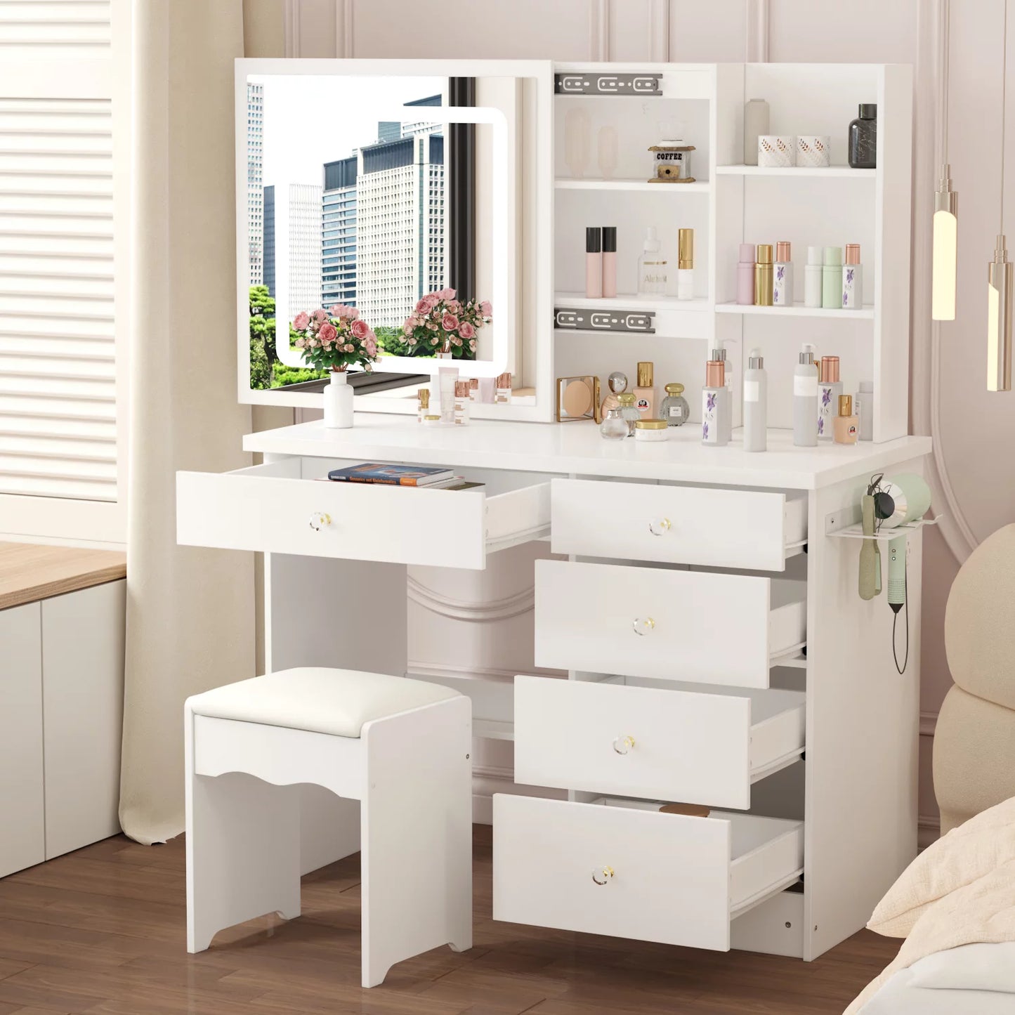 WIAWG Makeup Vanity Table Set with Hair Dryer Holder, Dressing Table with Sliding Lighted Mirror and Charging Station, White