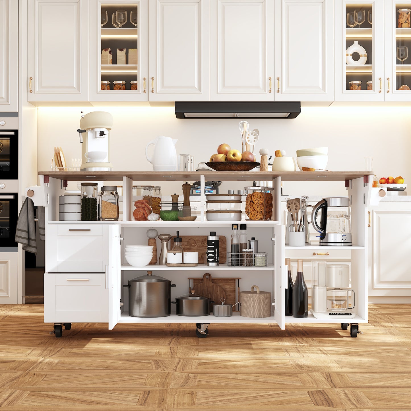 WIAWG Large Kitchen Island Table with Drop Leaf and Storage, 71" Kitchen Rolling Carts on Wheels, Portable Movable Farmhouse Island Table with Drawers for Dining Room,White & Light Brown