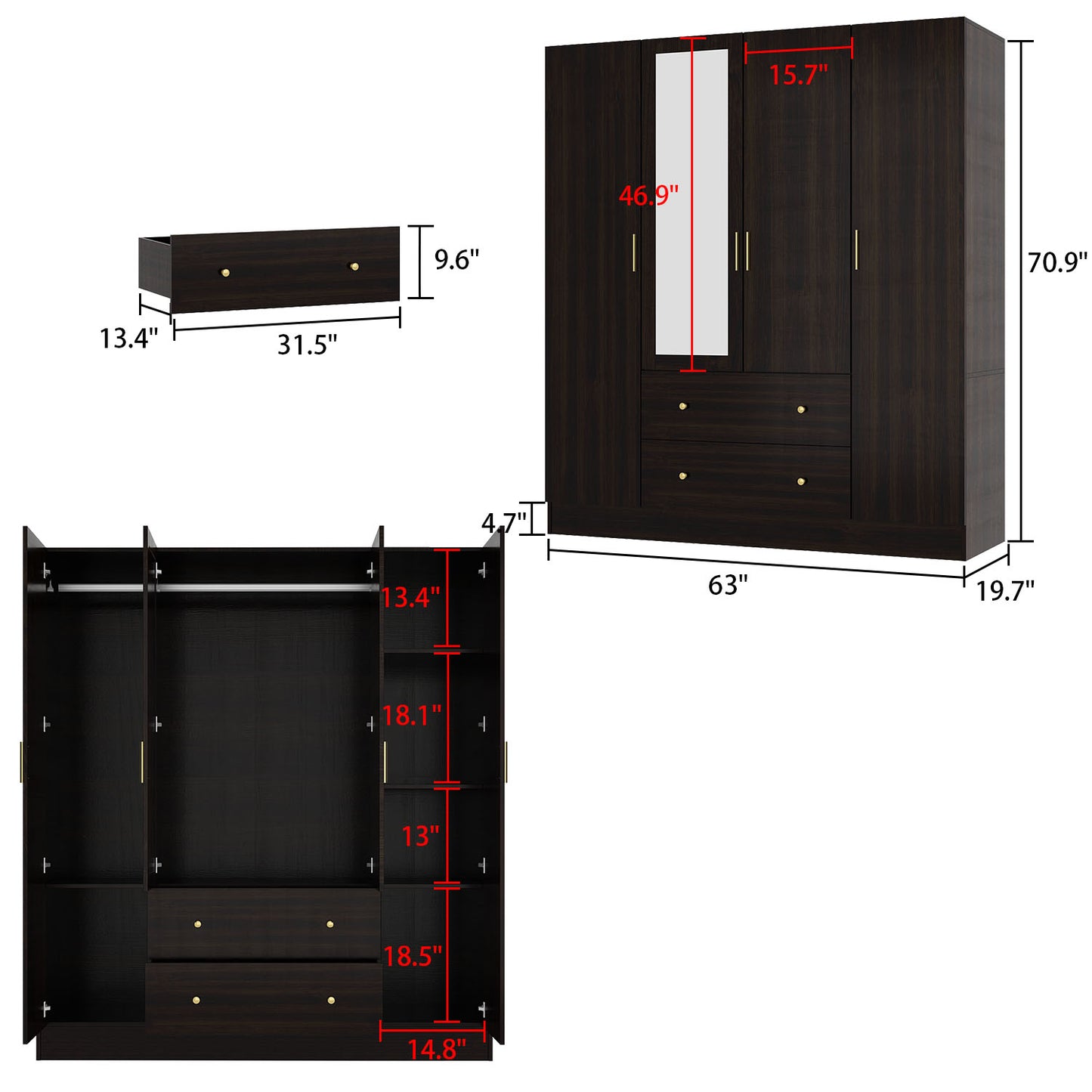 WIAWG Modern Mirrored Armoire Closet for Bedroom, 4 Door Wardrobe with Hanging Rods, Drawers and Shelves, Brown