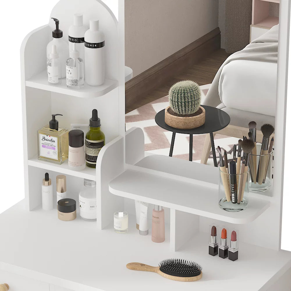 Vanity Set with Mirror Modern Storage Makeup Dressing Table with 5 Drawers White