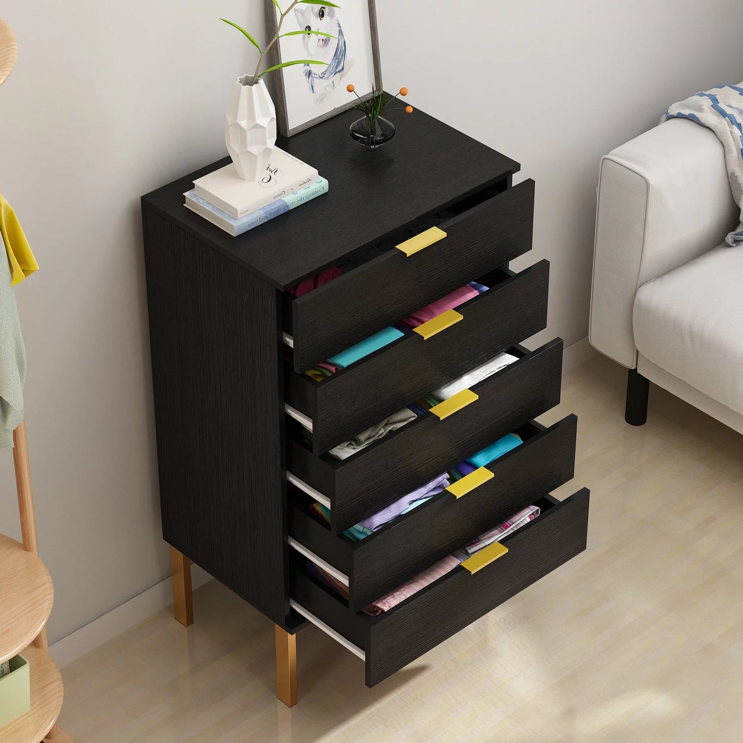 Wooden Chest of Dresser 5 Drawers Storage for Closet for Apartment Nursery, Black