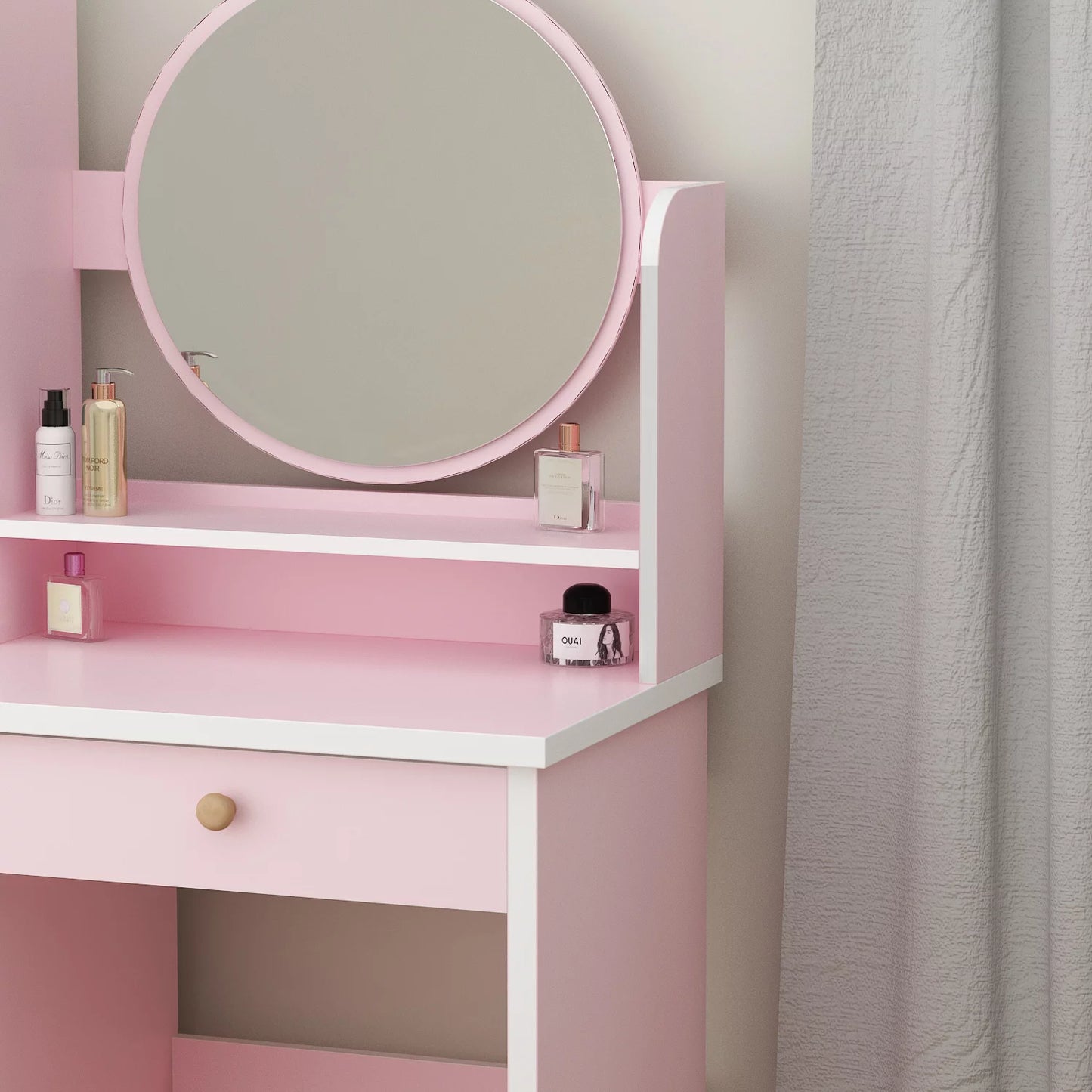 Vanity Set with Mirror Modern Storage Makeup Dressing Table with 5 Drawers Pink