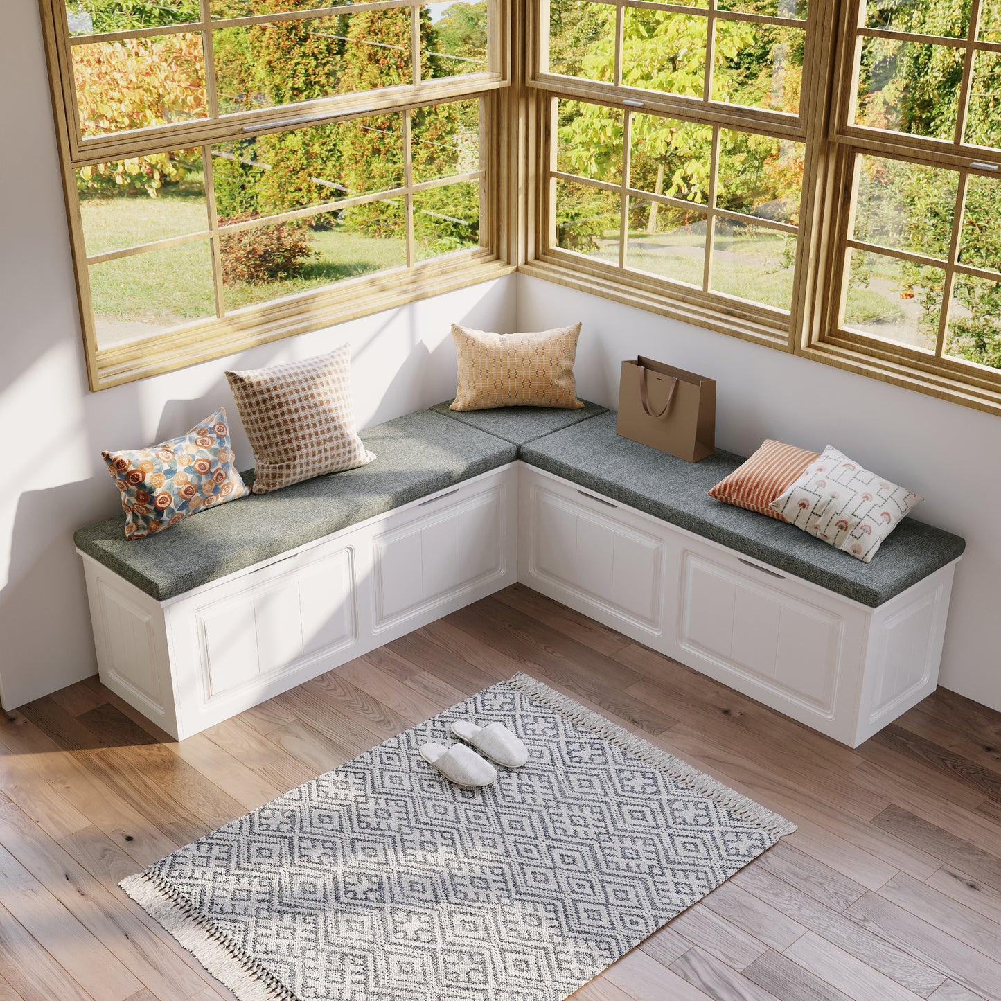 WIAWG L Shape Backless Corner Nook with Storage,Kitchen Breakfast Nook Bench,Shoe Benches for Entryway Cloakroom, White&Grey, 63”D x 63”W x 18.3”H