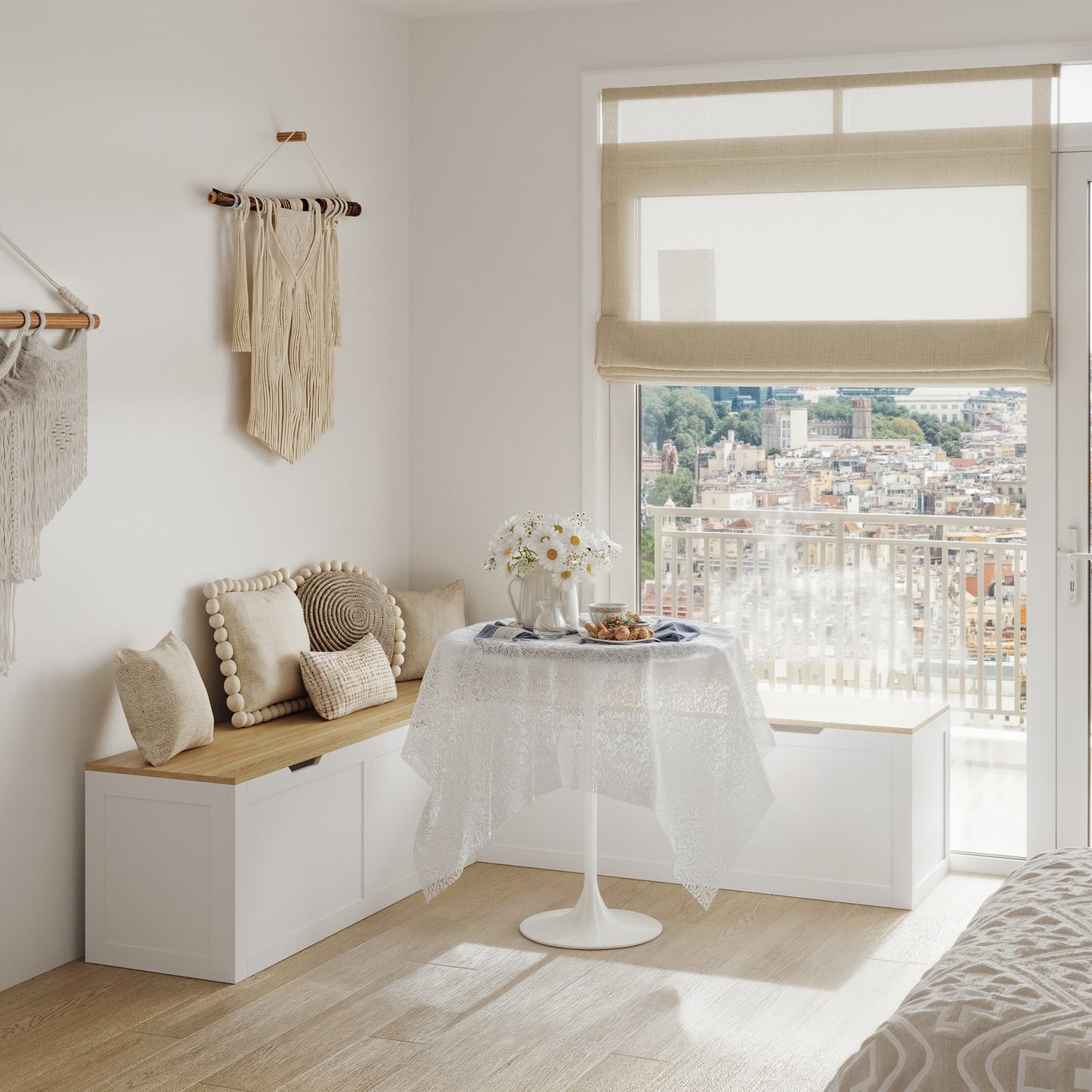 WIAWG Casual Wood Corner Dining Breakfast, L Shape Kitchen Corner Nook Bench Seating with Hidden Storage, White and Oak, 63”D x 63”W x 17.7”H