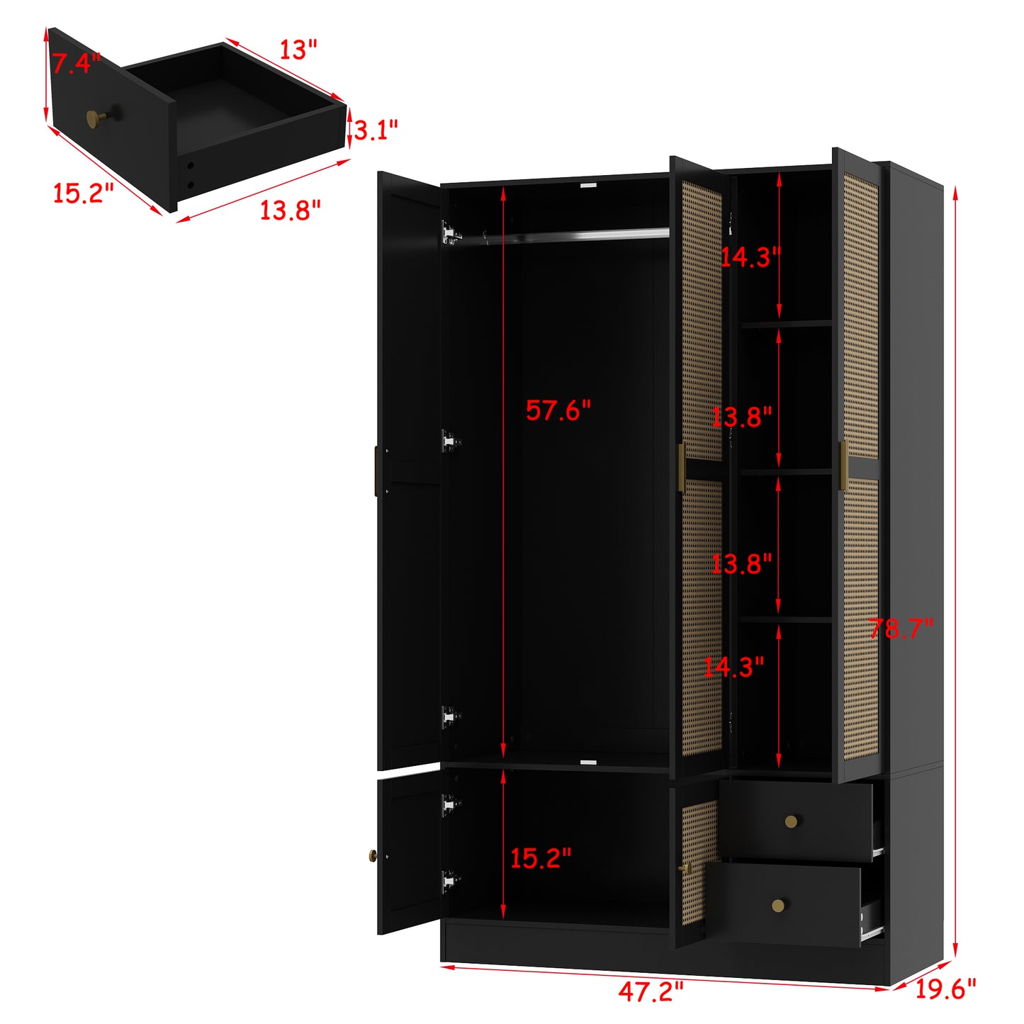 WIAWG 5-Doors Wardrobe with Rattan Accents ,2 Drawers Extra Storage Space For Bedroom,Black